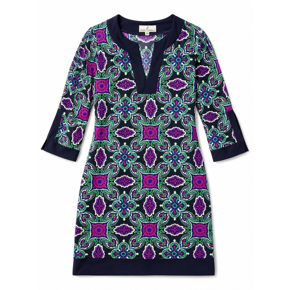Jude Connally Dress XS Navy Pink Green Geometric 3/4 Sleeve Tunic Shift Stretch
